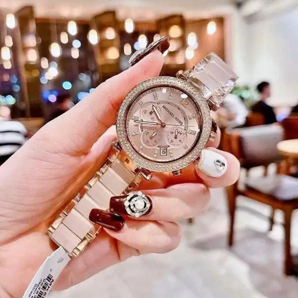 Parker pink rose-gold watch close-up